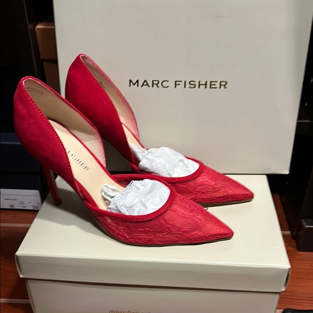 Marc Fisher Red Lace and Suede Heels for Special Occasions